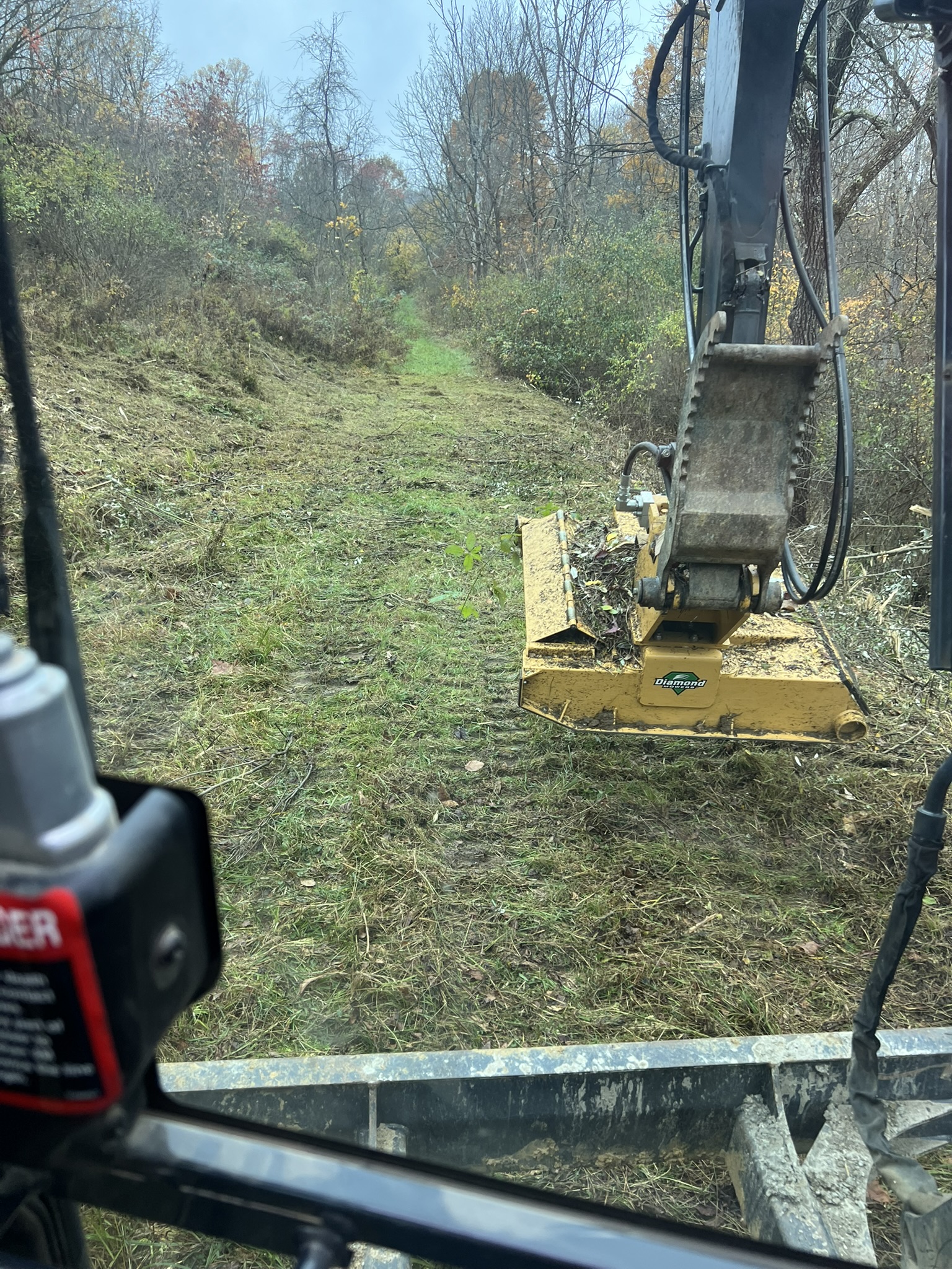 Operator view of Diamond forestry mulcher attachment cutting through brush